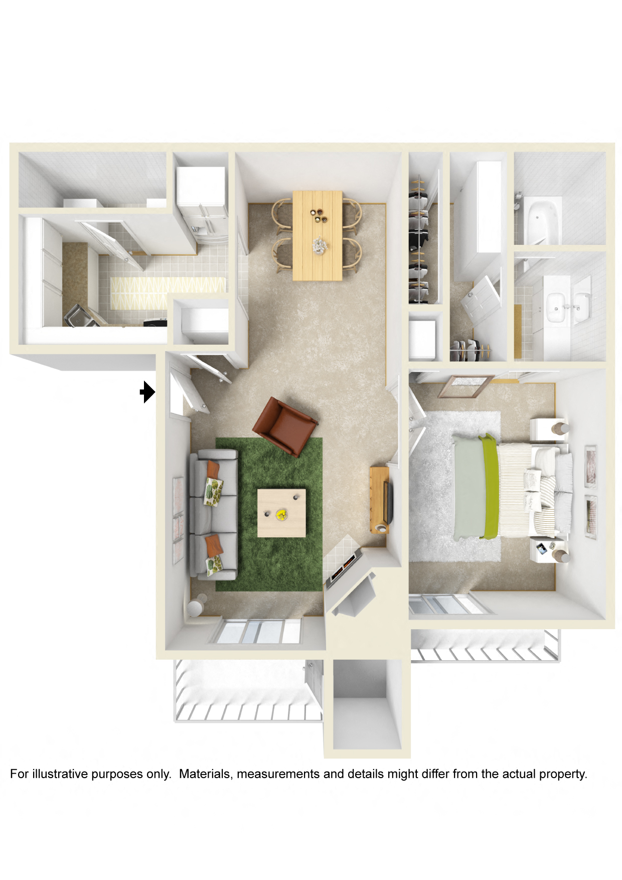 Floor plan for 1 bed, 1 bath, 750 sqft